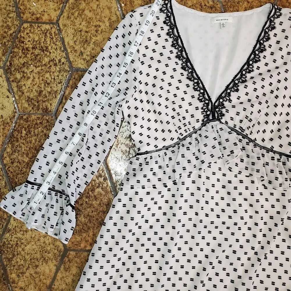 Max Studio Polka Dot Peplum V Neck Ruffle Dress Lace Trim Elastic Waist Sz L - Picture 11 of 13